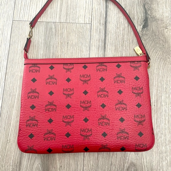 MCM Handbags - MCM Visetos Liz Zip pouch purse handbag - red with black logo